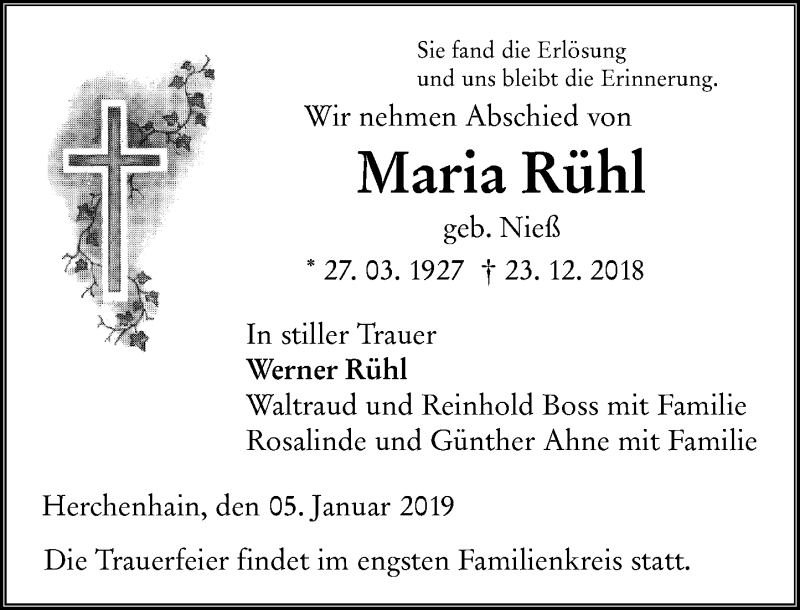 Traueranzeigen von Maria Rühl vrm trauer de