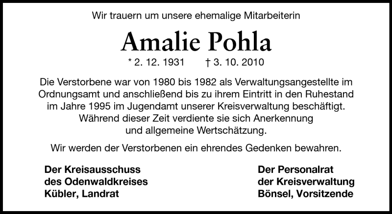 Traueranzeigen Von Amalie Pohla Vrm Trauer De