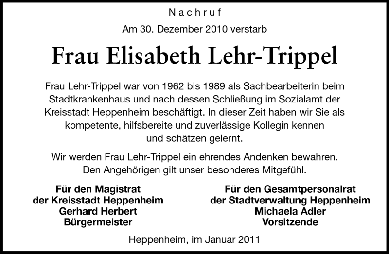 Traueranzeigen Von Elisabeth Lehr Trippel Vrm Trauer De