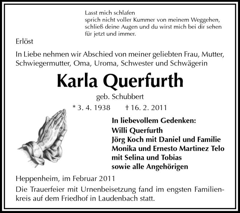 Traueranzeigen Von Karla Querfurth Vrm Trauer De