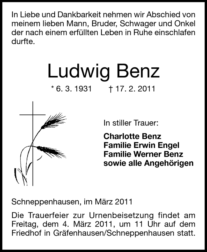 Traueranzeigen Von Ludwig Benz Vrm Trauer De