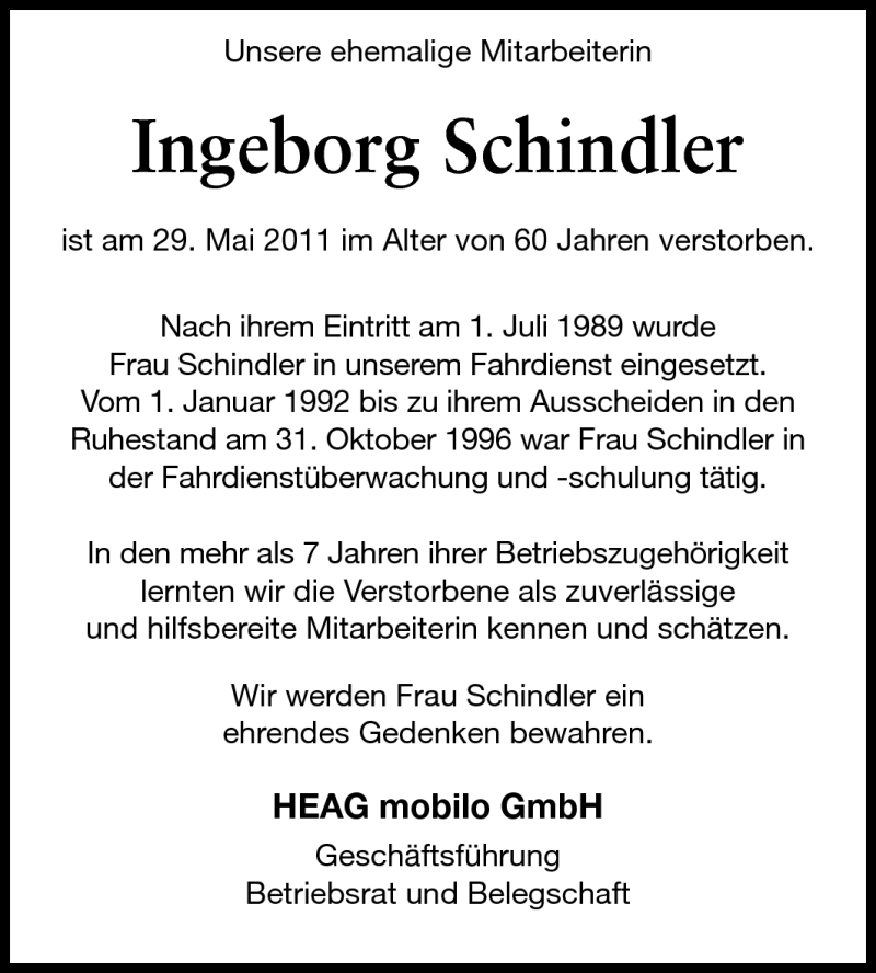 Traueranzeigen Von Ingeborg Schindler Vrm Trauer De