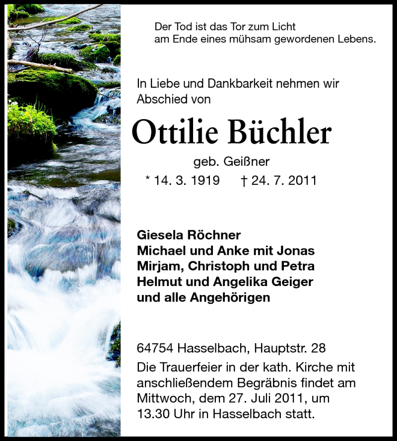 Traueranzeigen von Ottilie Büchler vrm trauer de