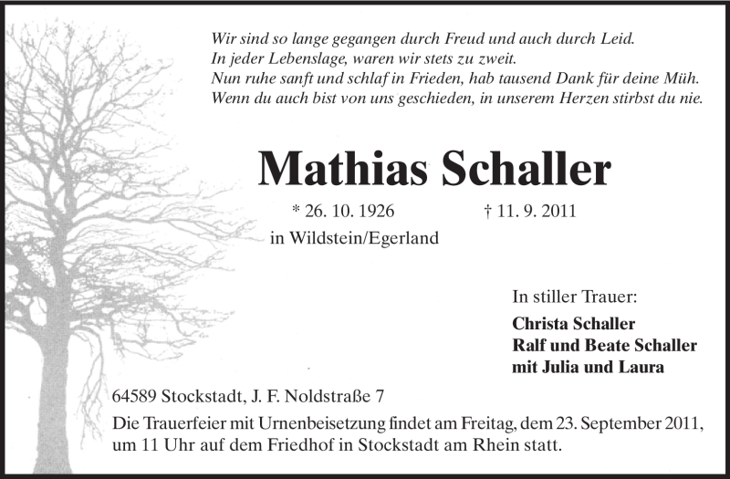 Traueranzeigen Von Mathias Schaller Vrm Trauer De