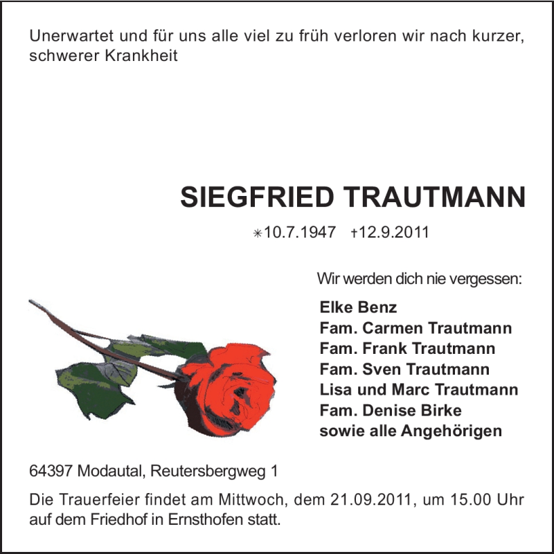 Traueranzeigen Von Siegfried Trautmann Vrm Trauer De