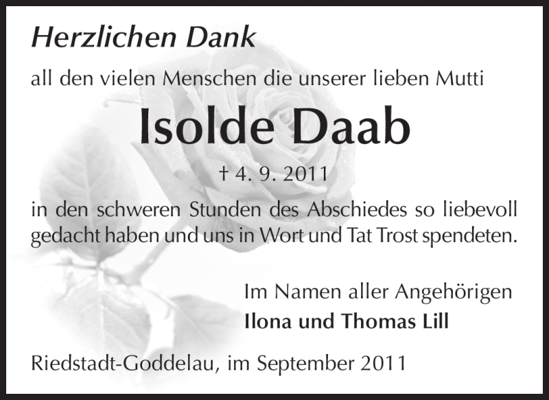 Traueranzeigen Von Isolde Daab Vrm Trauer De