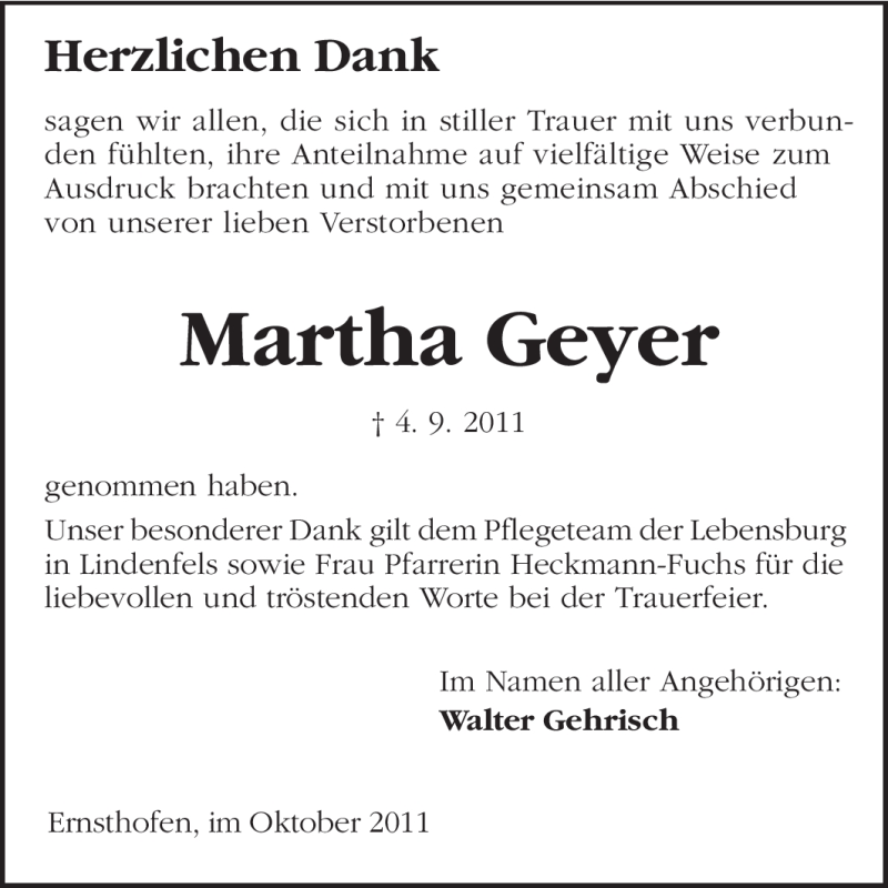 Traueranzeigen Von Martha Geyer Vrm Trauer De