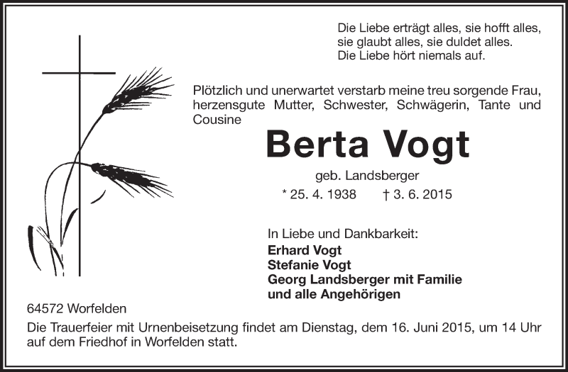 Traueranzeigen Von Berta Vogt Vrm Trauer De