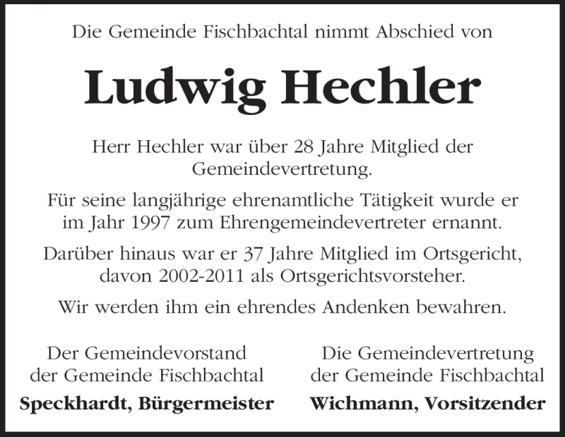 Traueranzeigen Von Ludwig Hechler Vrm Trauer De