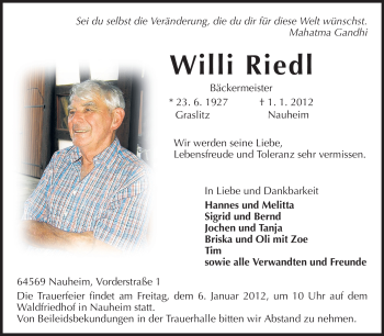 Traueranzeigen Von Willi Riedl Vrm Trauer De