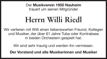 Traueranzeigen Von Willi Riedl Vrm Trauer De