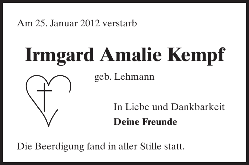 Traueranzeigen Von Irmgard Amalie Kempf Vrm Trauer De