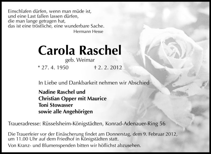 Traueranzeigen Von Carola Raschel Vrm Trauer De