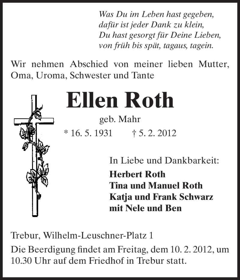 Traueranzeigen Von Ellen Roth Vrm Trauer De