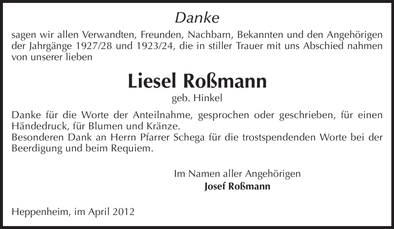 Traueranzeigen Von Liesel Ro Mann Vrm Trauer De