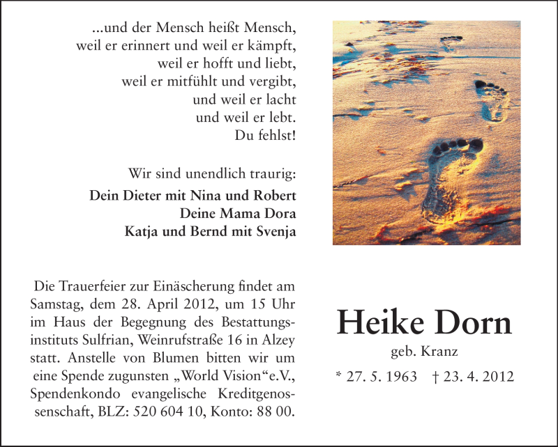 Traueranzeigen Von Heike Dorn Vrm Trauer De