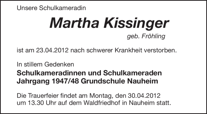 Traueranzeigen Von Martha Kissinger Vrm Trauer De