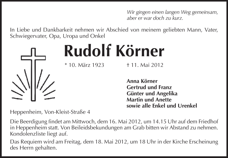 Traueranzeigen Von Rudolf K Rner Vrm Trauer De