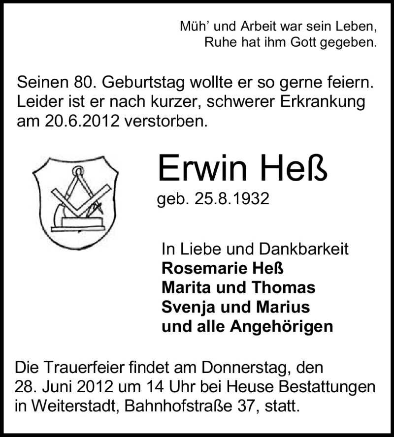 Traueranzeigen Von Erwin Hess Vrm Trauer De