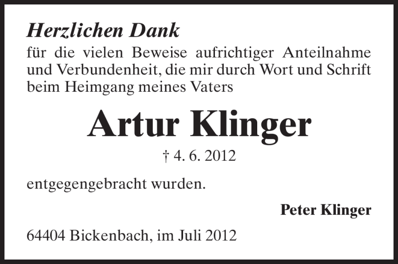 Traueranzeigen Von Artur Klinger Vrm Trauer De