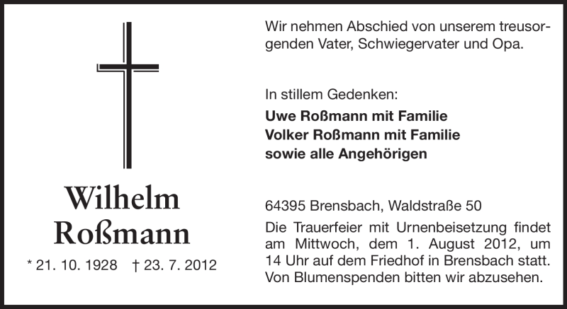 Traueranzeigen Von Wilhelm Ro Mann Vrm Trauer De