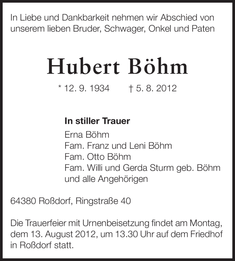 Traueranzeigen von Hubert Böhm vrm trauer de