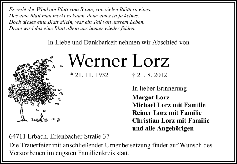 Traueranzeigen Von Werner Lorz Vrm Trauer De