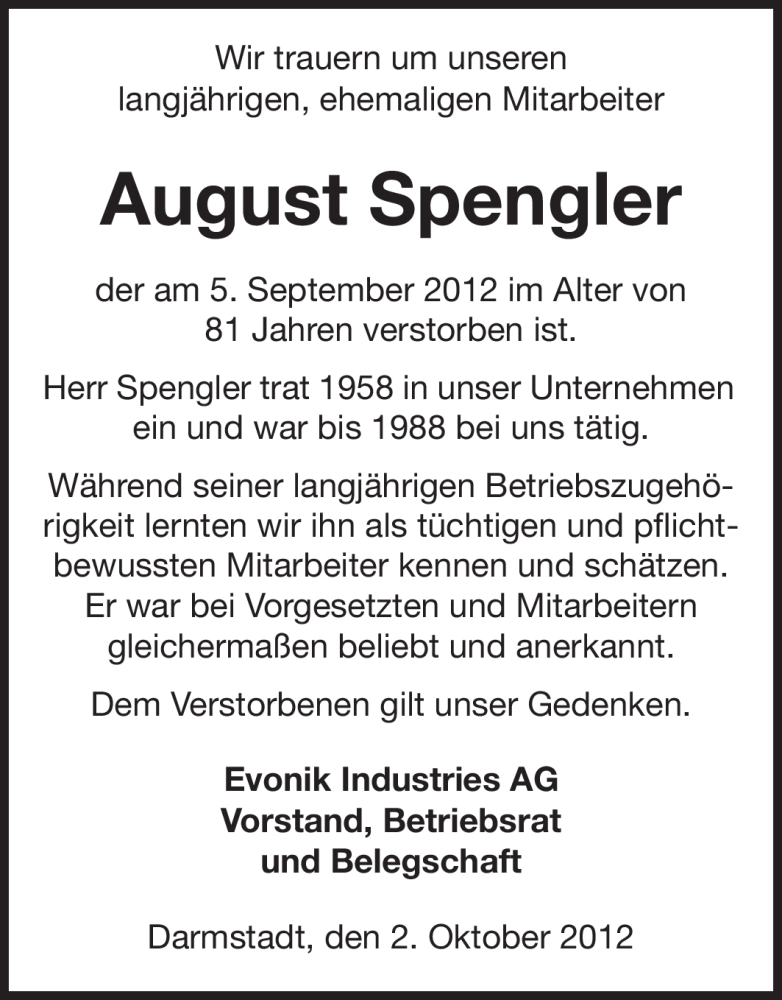 Traueranzeigen Von August Spengler Vrm Trauer De