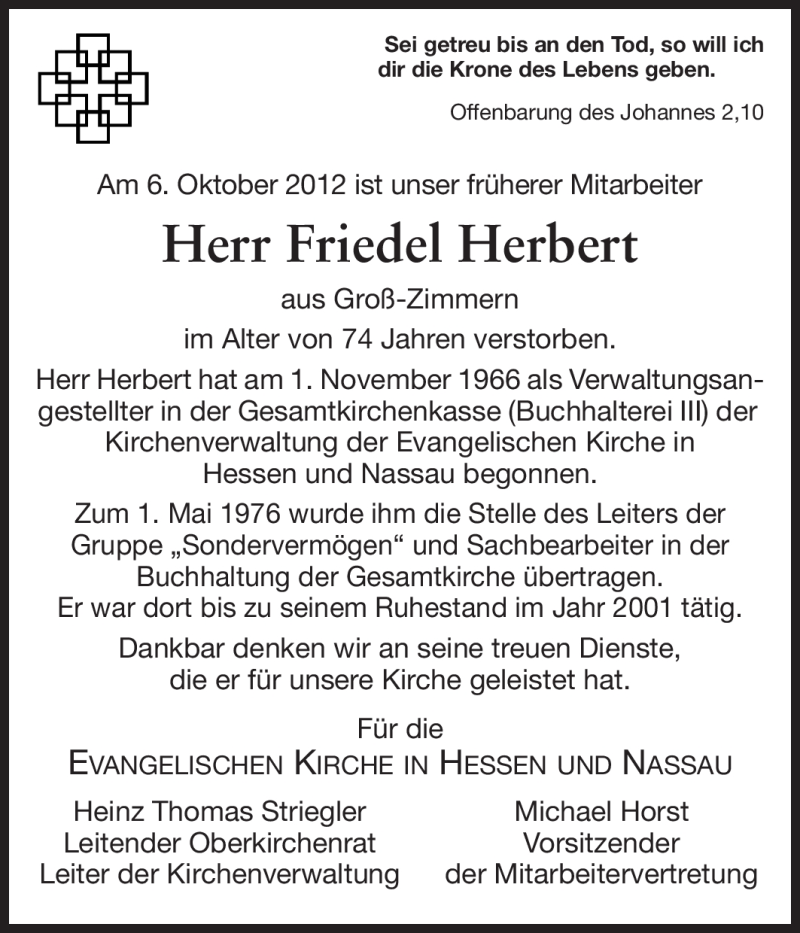 Traueranzeigen Von Friedel Herbert Vrm Trauer De