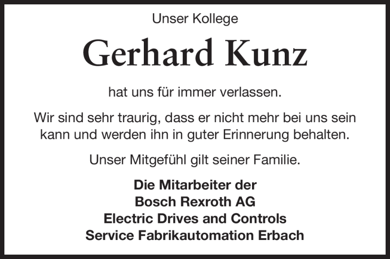 Traueranzeigen Von Gerhard Kunz Vrm Trauer De