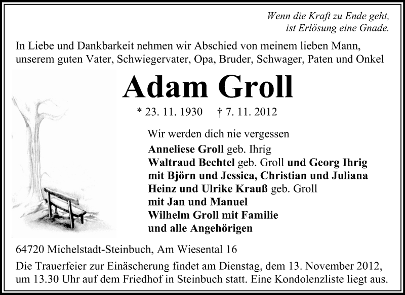 Traueranzeigen Von Adam Groll Vrm Trauer De