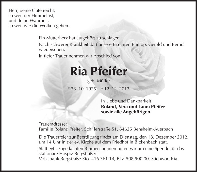 Traueranzeigen Von Ria Pfeifer Vrm Trauer De