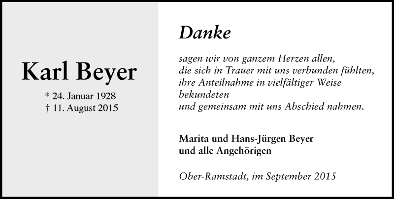 Traueranzeigen Von Karl Beyer Vrm Trauer De