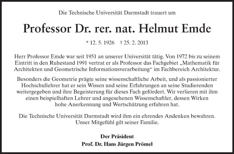 Traueranzeigen Von Helmut Emde Vrm Trauer De