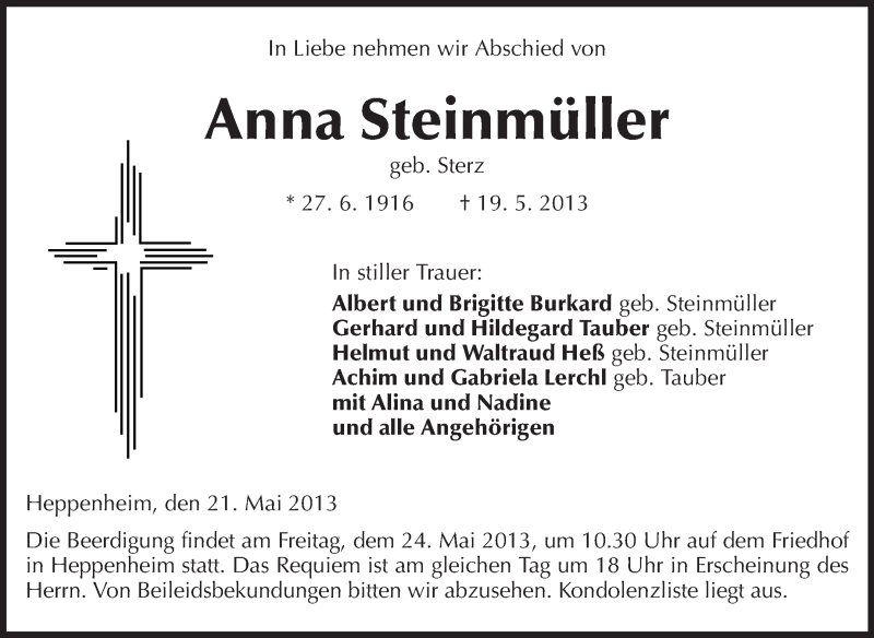 Traueranzeigen Von Anna Steinm Ller Vrm Trauer De