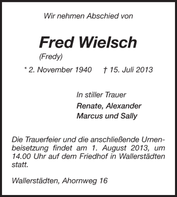 Traueranzeigen Von Fred Wielsch Vrm Trauer De