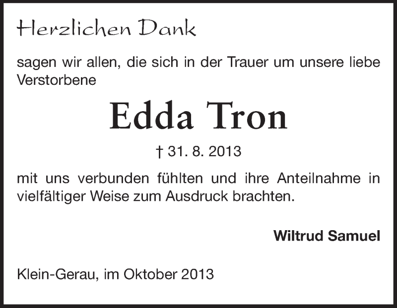 Traueranzeigen Von Edda Tron Vrm Trauer De