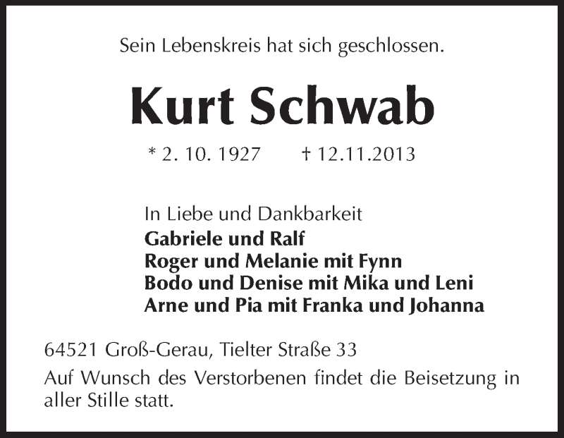 Traueranzeigen Von Kurt Schwab Vrm Trauer De