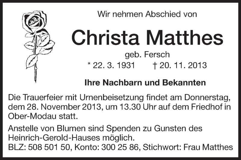 Traueranzeigen Von Christa Matthes Vrm Trauer De