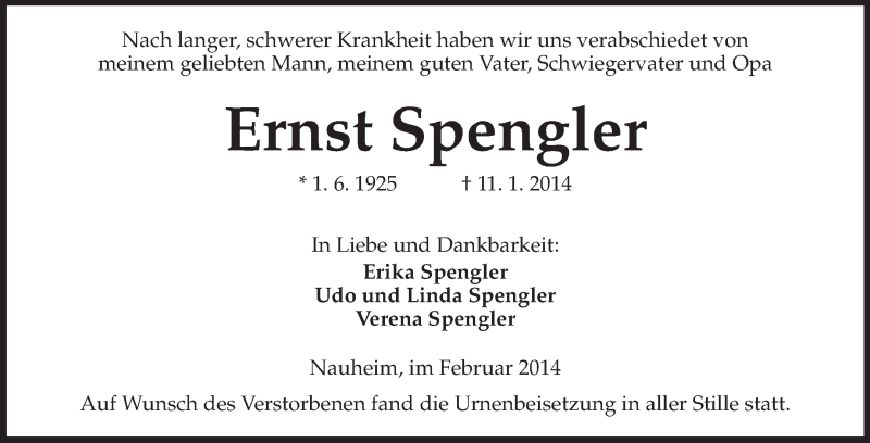 Traueranzeigen Von Ernst Spengler Vrm Trauer De