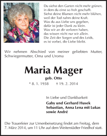 Traueranzeigen Von Marie Mager Vrm Trauer De