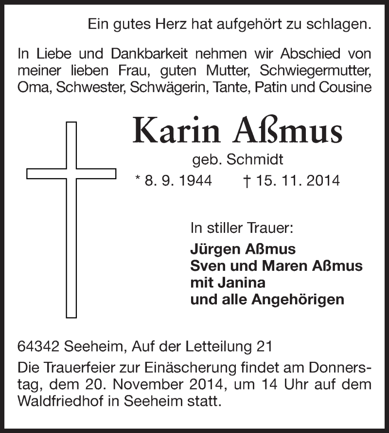 Traueranzeigen von Karin Aßmus vrm trauer de