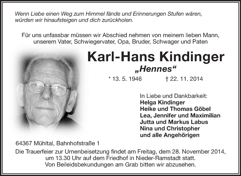 Traueranzeigen Von Karl Hans Kindinger Vrm Trauer De