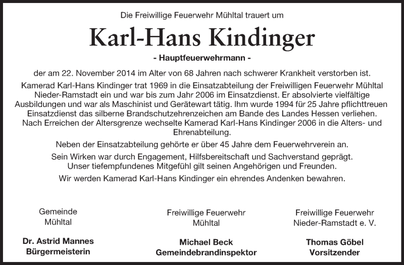 Traueranzeigen Von Karl Hans Kindinger Vrm Trauer De