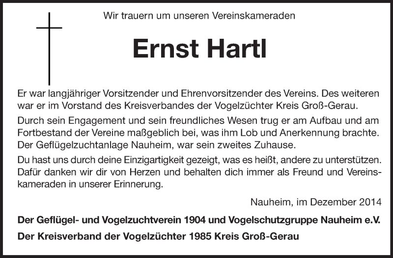 Traueranzeigen Von Ernst Hartl Vrm Trauer De