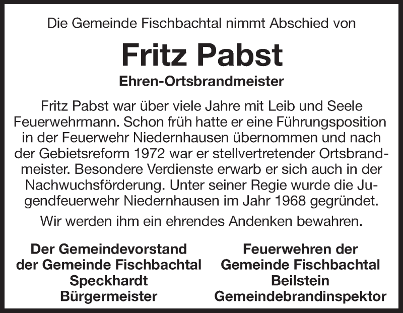 Traueranzeigen Von Fritz Pabst Vrm Trauer De