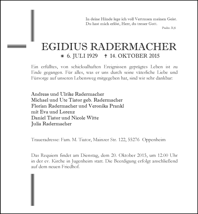 Traueranzeigen Von Egidius Radermacher Vrm Trauer De