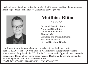 Traueranzeigen von Matthias Blüm vrm trauer de