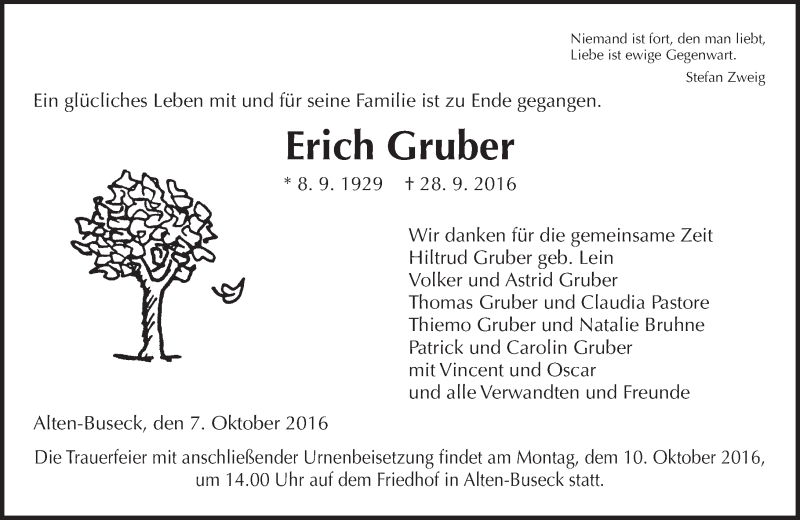 Traueranzeigen Von Erich Gruber Vrm Trauer De