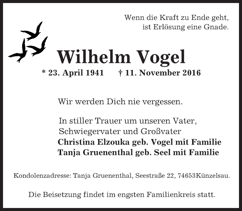 Traueranzeigen Von Wilhelm Vogel Vrm Trauer De